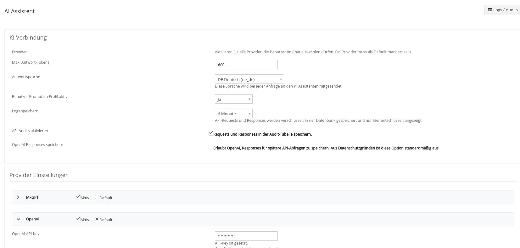 KI-Assistent Einstellungen in vtiger