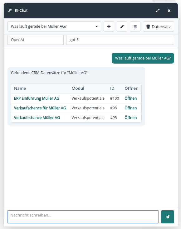CRM-Suche nach Müller AG per KI-Chat