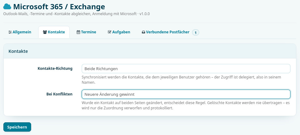 Einstellungen zur Kontakte-Synchronisation mit Richtung und Konfliktregel